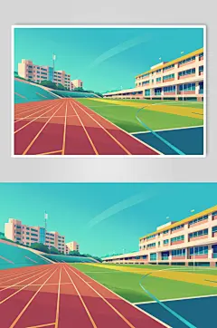 AI数字艺术扁平风校园球场操场插画-众图网