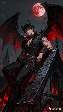 jimeng-2025-09-15-3820-动漫厚涂风，黑暗风插画。靠在哥特式屋顶旁边的恶魔形象成男，肌肉线条，背后有巨大的