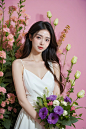  1girl, long hair, flower, Lisianthus, in the style of red and light azure, dreamy and romantic compositions, red, ethereal foliage, playful arrangements, fantasy, high contrast, ink strokes, explosions, over exposure, purple and red tone impression, abst