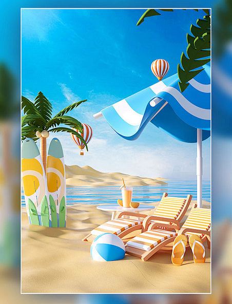 3D立体原创夏日阳光沙滩海边电商促销场景...