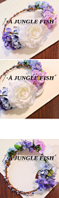 JF原创 森女 玫瑰 蓝色系花环头饰 写真度假风婚礼 花环-淘宝网