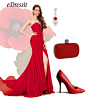 高开衩、深V透视领口的衣爵士特红色礼服，性感、张扬，在搭配这款礼服时，若选用这样奢华的红色手拿包、简洁的红色高跟鞋，你会喜欢么？如果作为新娘的着装呢？你怎么看？#新娘##婚礼##礼服##搭配##eDressit#