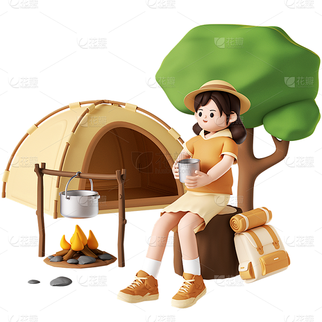 旅游出行女生出游氛围感露营场景3D组合元...