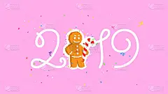 圣诞插图。姜饼和题词2019。卡通人物与焦糖棒。新年快乐，圣诞快乐。吉祥物。请柬和日历的插图。