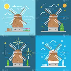 Flat design 4 styles of windmill Amsterdam Netherl
