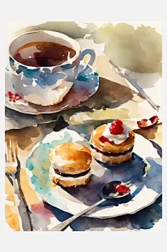 AI数字艺术美食下午茶甜点水彩插画-众图网