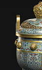 Detail. A Rare and Impressive Cloisonné-Enamel and Gilt-Bronze Five-Piece Altar Garniture (Wugong), Qing dynasty, Qianlong period