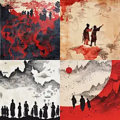 河南地图，中国水墨画，地图上有人物剪影，木版年画，汉画，剪纸，厚重的历史感