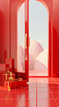 Red door and gold gift and present, in the style of clemens ascher, 3d blender, spatial concept art, yanjun cheng, light-filled compositions, high detailed, interior scenes, cartoon compositions