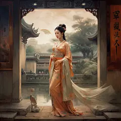 (4/4)在风格类似于artgerm、历史题材场景、rhads、ruan jia、南北朝、令人着迷的气氛城市景观、高分辨率的背景下，一位穿着长袍的亚洲女孩站在宫殿前，令人惊叹(AI绘图来自WeDraw.art)