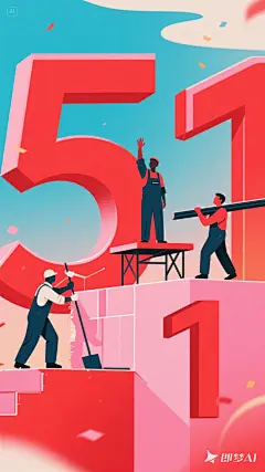 jimeng-2025-04-27-1009-请生成一张五一劳动节海报出来插画风格，这张图片展示了醒目的立体红色数字“51”，结合人物劳作的剪影元素，整体传递出与劳动相关的主题。画面中，左侧人物在数字