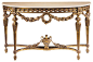 Inviting Home - Louis XVI Console Table - Louis XVI style carved wood console with floral garland motif antiqued gold leaf finish and Estremoz marble top with curved beveled edge 59-1/4"W x 19"D x 34"H hand-made in Italy Louis XVI style car