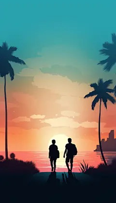 扁平风夏季海边日落插画图片