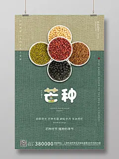 黄蓝布纹理简约五谷杂粮传统节日二十四节气芒种宣传海报