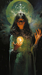 This may contain: a painting of a woman holding a glowing ball in her hands with an alche above her head