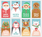  Set of Christmas and New Year greeting cards.Cute Santa Claus, Elf, Snowman, Deer, Bear, Cat, Penguin and Gingerbread man. Vector illustration.