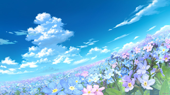 草地，花海，天空 ，二次元场景