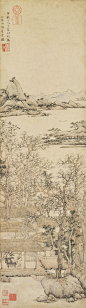 《西郊草堂图》是元代画家王蒙所绘，现藏于故宫博物院，为纸本立轴，设色，尺寸为97.5x27.2厘米。