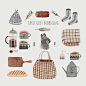 This may contain: an image of early grey morning items in watercolor and ink on paper, including mugs, teapot, mittens, coffee pot, spoon, hat, scarf, gloves
