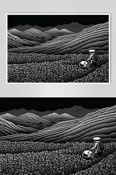 AI数字艺术复古铜版画茶园茶叶插画-众图网
