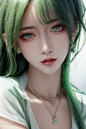  blunt bangs, masterpiece, best quality, best illustration, ultra-detailed, upper body, solo, 1 girl, looking at viewer, upright, arms at sides, beautiful detailed eyes, concept art, white background, simple background, white hair, green gradient hair, sh