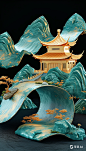 9x16_漂浮卷轴上的山水建筑_弯曲的卷轴_3D_金箔质感_金色建筑_翡翠 (1)
