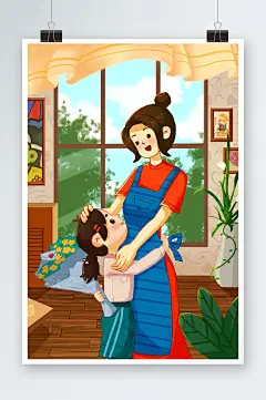 母亲节母女拥抱可爱聪明温暖亲情窗户插画-众图网