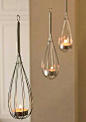 Upcycle Home Idea- Use Whisks to create haning tea light baskets!: