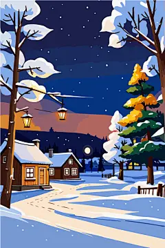 手绘冬季森林小木屋