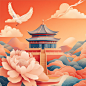 AI，古建筑，渐变色，插画，背景，壁纸，