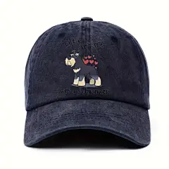 水洗棉棒球帽，可爱字母狗狗图案，男女通用可调节棒球帽