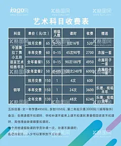 科目收费表  - 源文件下载【酷图网】科目收费表,科目收费标准,科目收费详情,艺术学校收费,收费表格,收费表格模板,艺术科目收费,艺术学校传单,艺术培训DM,传单DM模板,DM模板,传单模板,蓝色背景,蓝色传单模板,矢量传单,矢量表格,表格制作模板,