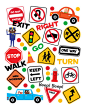 Trucks : Illustrations of trucks, cars, and road signs for licensing.