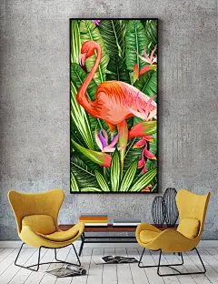 热带雨林 火烈鸟 鹦鹉插画 芭蕉叶 挂画 矢量素材