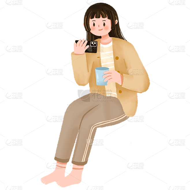 卡通坐着喝咖啡的女孩 