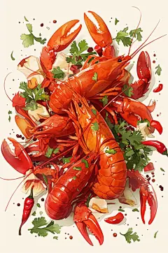 AI数字艺术小龙虾美食插画