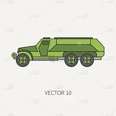 线平彩色矢量图标步兵攻击装甲陆军卡车。军用车辆。卡通的风格。运输士兵。拖拉机单位。两个汽车。简单。插
