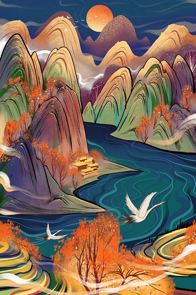 千库网_秋天重彩中国风国潮山水风景_插画...