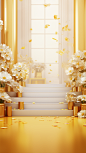 hall with gold flowers and gold boxes, in the style of minimalist backgrounds, contest winner
