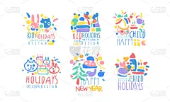 儿童,矢量,绘画插图,新的,标签,新年前夕,举起手,计划书,绘制,收集
