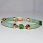 Vintage 14k YG Jadeite Jade & Carved Jadeite Circles Curved Bracelet, 8"
