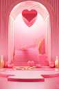 3d rendering of pink room with heart shaped floor with colorful decorations, in the style of lee broom, ornamental structures, monochromatic, carl kleiner, golden hues, multilayered, pop-inspired