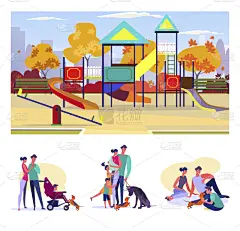 绘画插图,游乐场,矢量,平坦的,周末活动,背景分离,家庭,父母,狗,现代