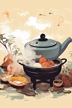 AI数字艺术中国风围炉煮茶插画