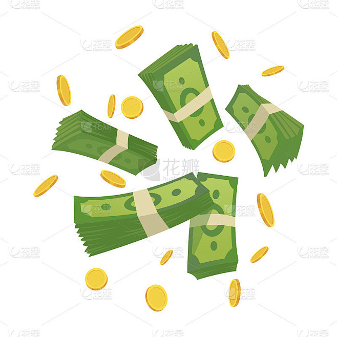 卡通的钱。绿色钞票和金币卡通矢量插图。会飞，会滚钞票，还有很多硬币。美元的雨