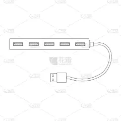 矩形USB集线器的轮廓设计与单排USB端口和电缆。电脑或笔记本电脑的分配器。平面向量插图