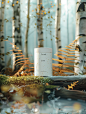 Product photography, a white cylindrical paper pot "Forest juice" stands on a log, moss and snow cover the ground, the water is covered by green leaves, the background is birch and light blue sky, the foreground is some green ferns, bright warm