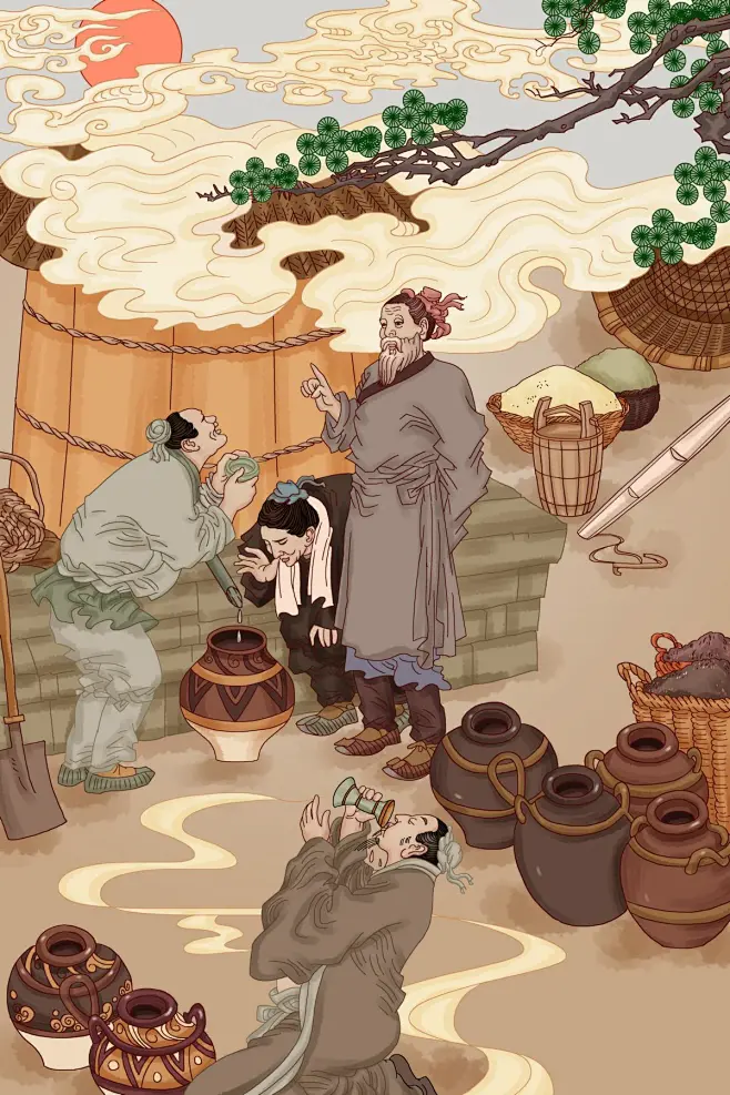 酿酒工人杜康酿酒传统古代酒文化白酒插画-花瓣网