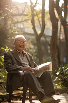 老年人关怀阳光下看报图片