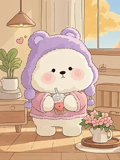 卡通 线条主义  一只小白熊 戴着可爱的浅紫色熊头毛绒绒的帽子。 穿着漂亮可爱的衣服。小熊有着各种表情 姿势  比如 眨眼睛 害羞 卖萌 比心 喝奶茶。手捧鲜花 特别可爱 身子小小的 胖胖的 插画 九宫格布局。超级可爱